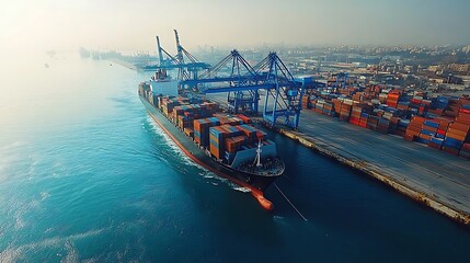Obraz premium A large container ship is docked at the port, Large container ship