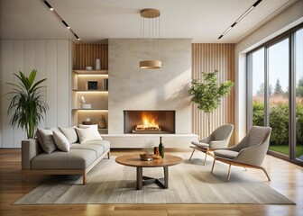 Fototapeta premium Cozy Minimalist Interior with Modern Fireplace, Neutral Tones, Simple Furniture, and Natural Light for Tranquil Living Space Design Inspiration