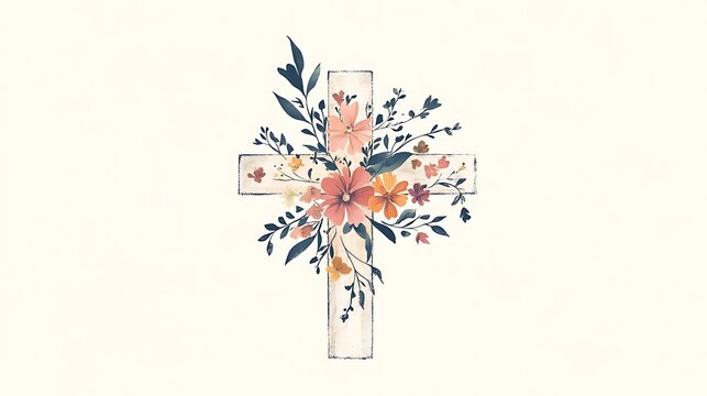 Vintage Floral Cross with Botanical Elements: An intricate illustration of a cross adorned with flowers and plants in a vintage style, creating a delicate and symbolic design