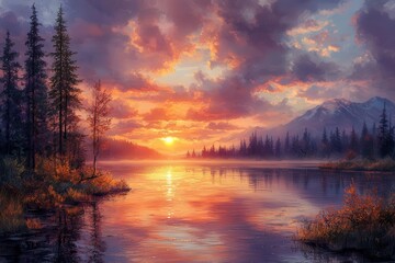 Obraz premium a breathtaking sunrise spills radiant colors over a peaceful river creating a tranquil and picturesque scene that evokes feelings of calm and awe in natures beauty