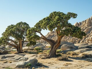 A group of drought-resistant trees growing in a dry, rocky landscape, their resilience on full display
