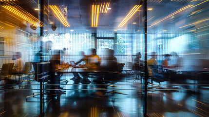 A busy office team meeting in a modern conference room, people sitting around the table