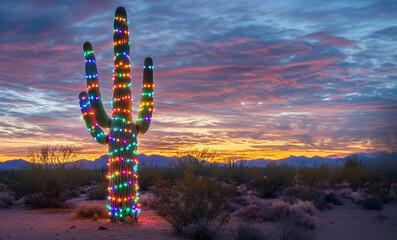 Cactus in the desert at sunset decorated with colorful Christmas lights.  Room for text 