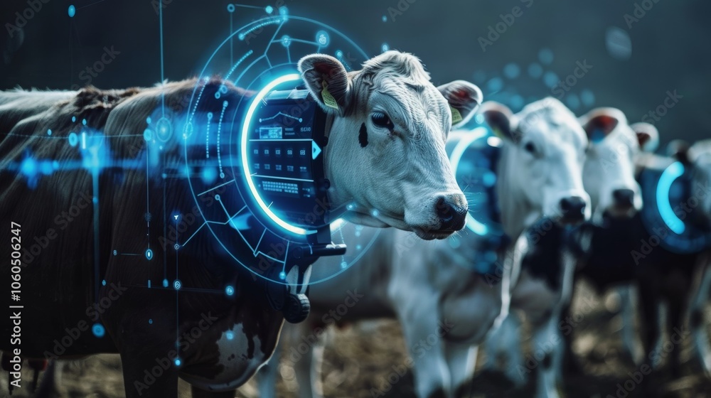 Poster futuristic monitoring system collecting data from cows through digital collars, enhancing efficiency
