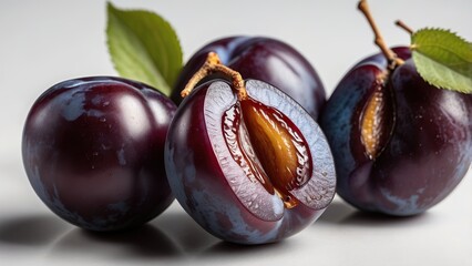 Fototapeta premium Plums isolated on white background. Half of blue plum fruit