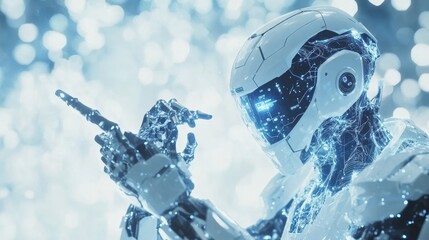 Humanoid robot pointing at financial data on a digital display, symbolizing the integration of AI in financial analysis and predictive analytics. A cutting-edge representation of fintech and automatio