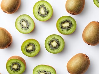 Fototapeta premium A group of kiwis, some whole and some sliced, laid out on a clean white background