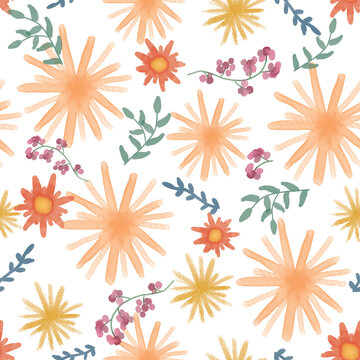Hand drawn watercolor floral patterns. Design for fabric, textile, paper. Spring colorful vector illustration, fowers with leaves. Contemporary floral seamless pattern.