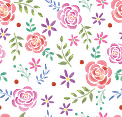 Hand drawn watercolor floral patterns. Design for fabric, textile, paper. Spring colorful vector illustration, fowers with leaves. Contemporary floral seamless pattern.