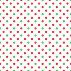 Simple Christmas seamless pattern. Vector red, green and white dotted background. Geometric festive holiday texture for decor, fabric, design, New Year gift wrapping paper.