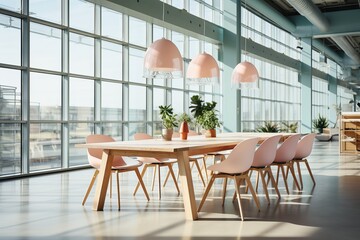 Fototapeta premium Contemporary coffee shop interior with minimalist design elements, including wood furnishings, high bar seating, and hanging pendant lights. 