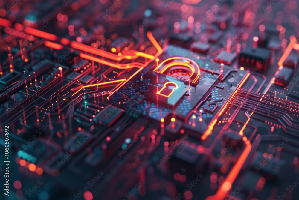 Poster cyber security lock glowing in dark red and blue cyberspace chip surface. neural network ai generate