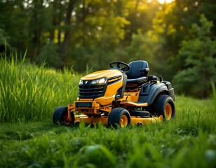 High-Resolution Close-Up of Professional Yellow Riding Lawn Mower on Grassy Hill with Lush Greenery Background – Ideal for Outdoor Landscaping and Gardening Concepts
