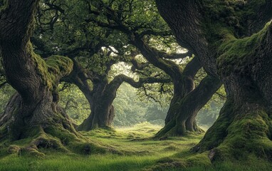 Obraz premium A grove of ancient trees, their trunks thick and twisted with age, standing in silence