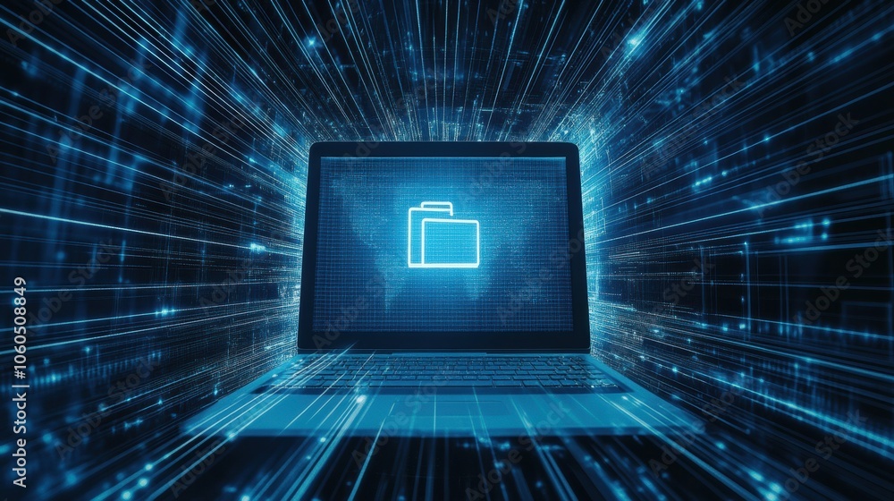 Poster a laptop features a glowing protection icon amid a vibrant, fast-moving digital environment, emphasi