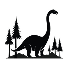 Majestic Brontosaurus vector Silhouette with Trees on White Background