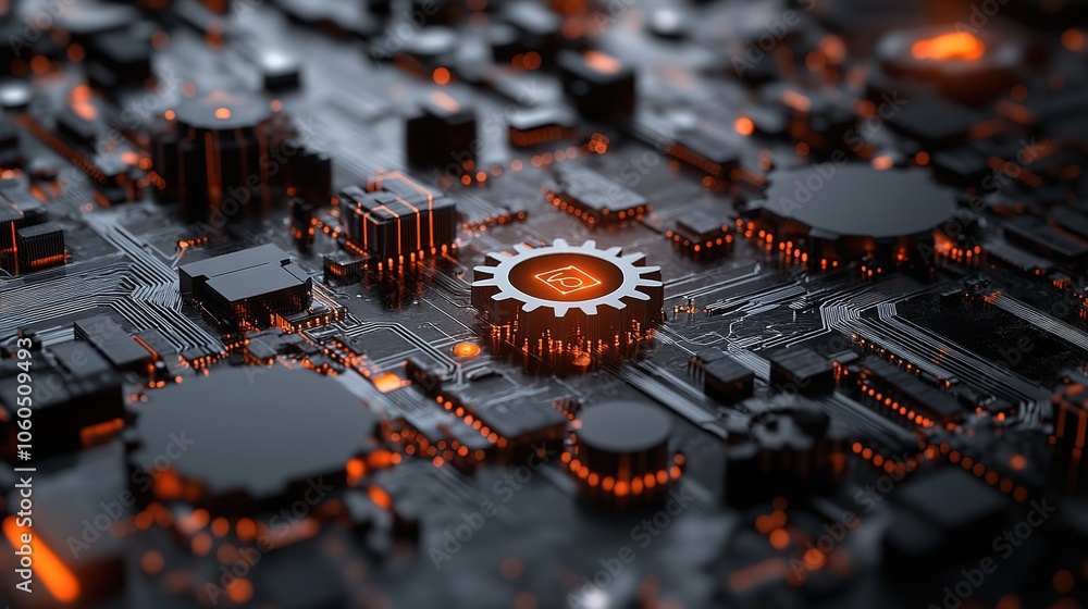 Poster interconnected gears and circuitry symbolizing synergy between technology and business processes hd