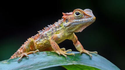 Naklejka premium Vibrant Lizard Perched on Leaf: A Close-Up Exploration of Exotic Wildlife in Tropical Environments