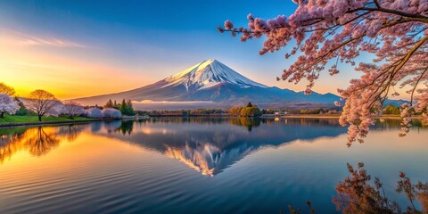 Obraz premium A serene mountain vista with a serene reflection on the still waters, framed by blossoming trees