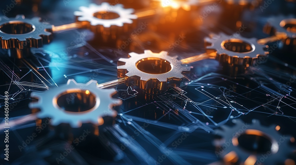 Poster interconnected gears and circuitry symbolizing synergy between technology and business processes hd