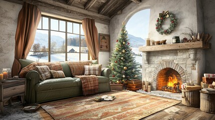 Fototapeta premium A cozy, rustic living room decorated for the holidays, featuring a Christmas tree, fireplace, and scenic winter views.