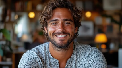 a cheerful young male teacher conducts an engaging online lesson from a cozy office setting radiating positivity and enthusiasm through the video call interface
