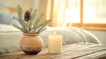 A cozy decor scene featuring a vase with greenery and a candle on a wooden table, illuminated by soft natural light.