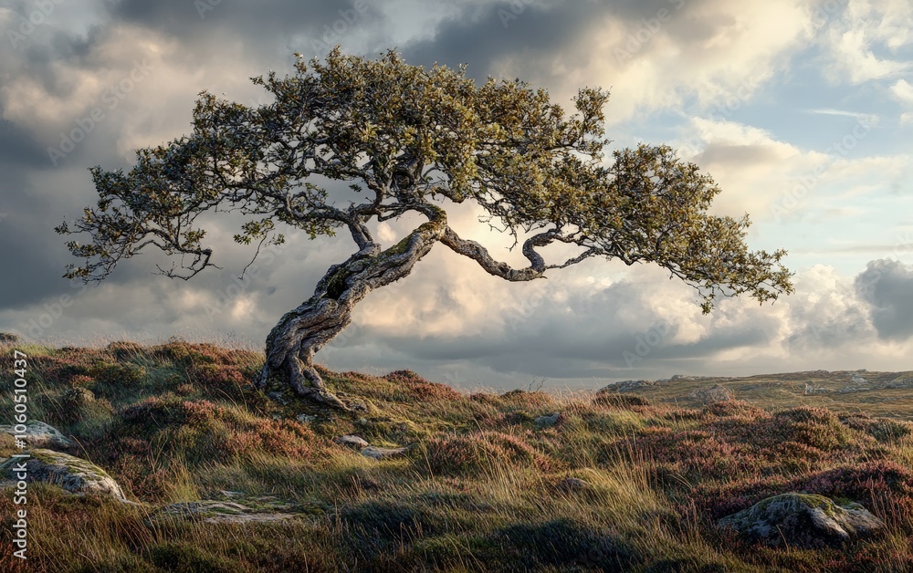 Poster a lone tree with a crooked trunk and twisted branches, standing out in the landscape