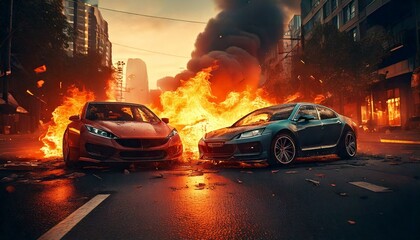 Two cars crash with flames catastrophic realistic illustration