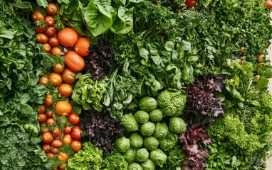 A lush vertical garden overflowing with fresh vegetables, arranged in a clean and structured format