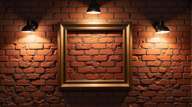 Empty frame on brick wall under spotlights