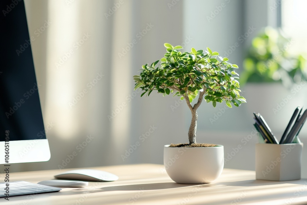 Poster a micro tree displayed on a desk, adding a touch of nature to a minimalist space