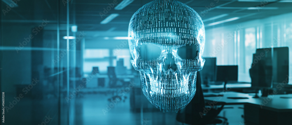 Aufkleber digital skull hacker cyber security threat concept