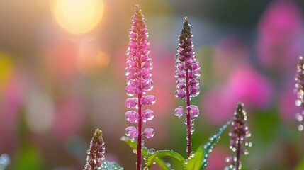 Obraz premium Radiant Pink Flowers Glimmering with Morning Dew in Soft Sunlight