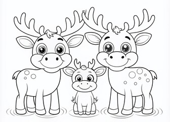 Cute Cartoon Moose Family Vector Coloring Page Outline for Kids - Adorable Male and Female Mooses with Little Moose - Perfect Forest Animals Coloring Book Design Isolated on White Background