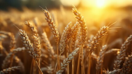 Fototapeta premium Golden Wheat Fields at Sunset: A Captivating Display of Nature's Bounty