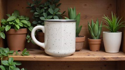 Ceramic mug surrounded by plants on wooden shelf