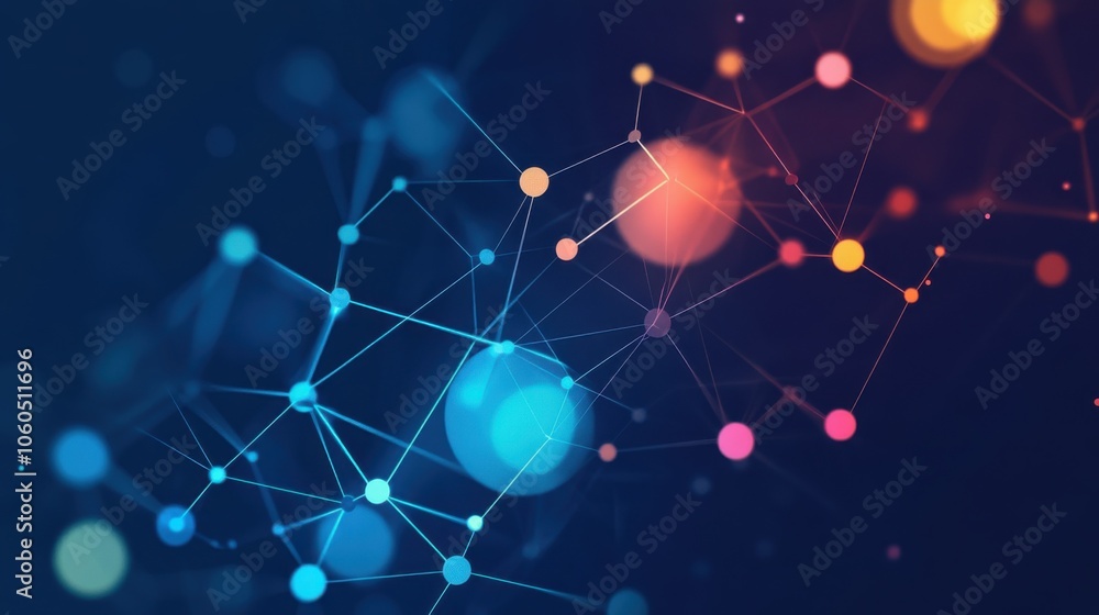 Poster abstract digital network with colorful nodes on dark background.