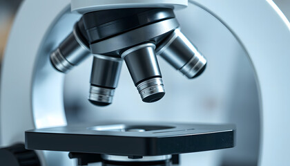 Fototapeta premium Close up of laboratory microscope isolated with white highlights, png