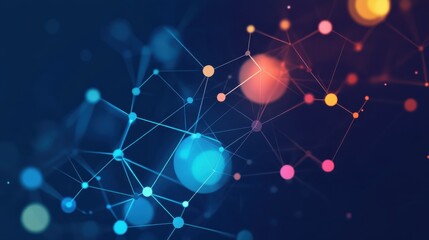 Abstract digital network with colorful nodes on dark background.