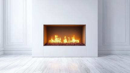 Fototapeta premium stylish burning fireplace in a modern apartment, bright interior, white walls, heating, fire, flame, heater, warmth in the house, cozy home