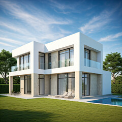 Modern villa with clean lines, contrasting colors, and large windows. Perfect for architecture and real estate concepts.