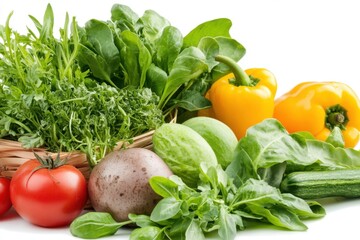 A vibrant assortment of fresh vegetables, including leafy greens, tomatoes, and peppers, arranged thoughtfully on a white background.