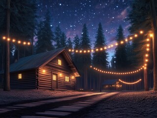 Cozy Christmas Cabin in a Winter Wonderland with Festive Lights and a Starry Sky, Magical Holiday Scene