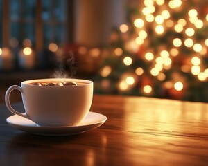 Obraz premium Cozy Christmas Eve Night with a Warm Cup of Hot Cocoa, Festive Lights, and the Sound of Carols, Perfect Winter Holiday Atmosphere
