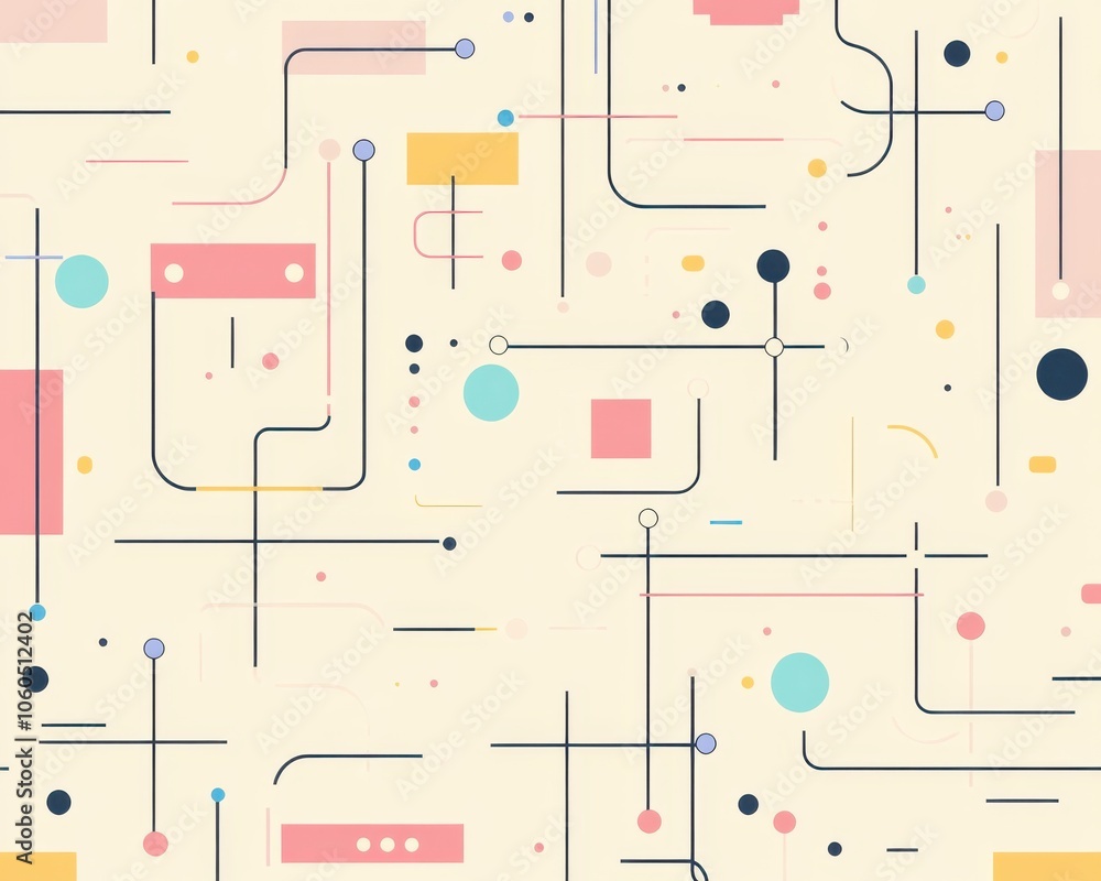 Poster abstract geometric pattern with colorful shapes and lines on a light background.