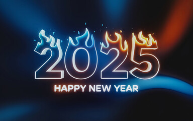 Text Happy New Year 2025 on blue background with Fire Brushes or Flame Texture Overlays 