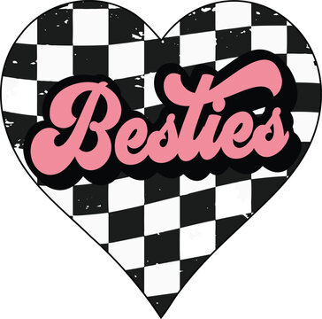 Pink retro Besties - best friend t shirts design, Groovy  heart vector lettering phrase t shirt design, Isolated on white, checkerboard pattern svg Files for Cutting Cricut and Silhouette, EPS 10	