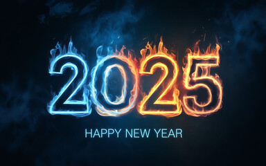 Text Happy New Year 2025 on blue background with Fire Brushes or Flame Texture Overlays 