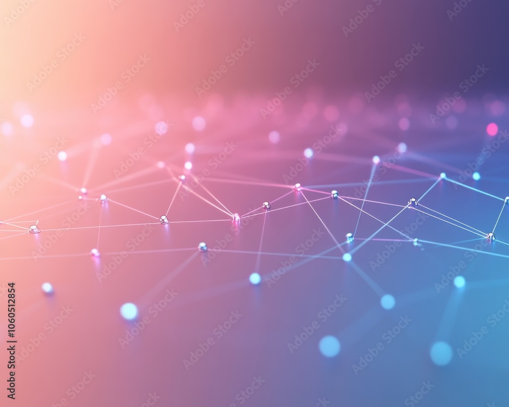 Poster abstract network connections, glowing lines and dots on a colorful background.